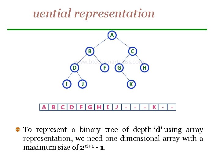 Sequential representation To represent a binary tree of depth ‘d' using array representation, we