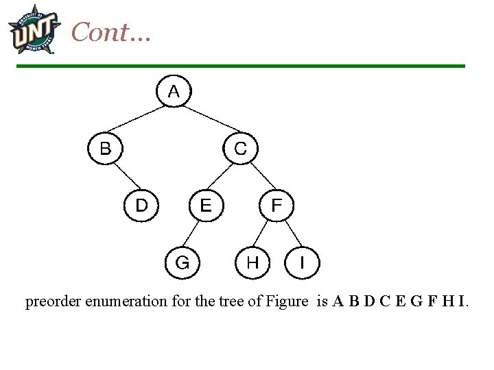 Cont… preorder enumeration for the tree of Figure is A B D C E