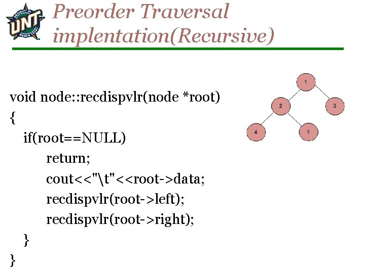 Preorder Traversal implentation(Recursive) void node: : recdispvlr(node *root) { if(root==NULL) return; cout<<"t"<<root->data; recdispvlr(root->left); recdispvlr(root->right);
