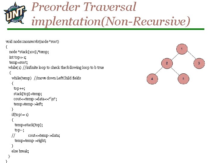 Preorder Traversal implentation(Non-Recursive) void node: : nonrecvlr(node *root) { node *stack[100], *temp; int top=-1;
