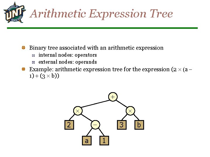 Arithmetic Expression Tree Binary tree associated with an arithmetic expression internal nodes: operators external