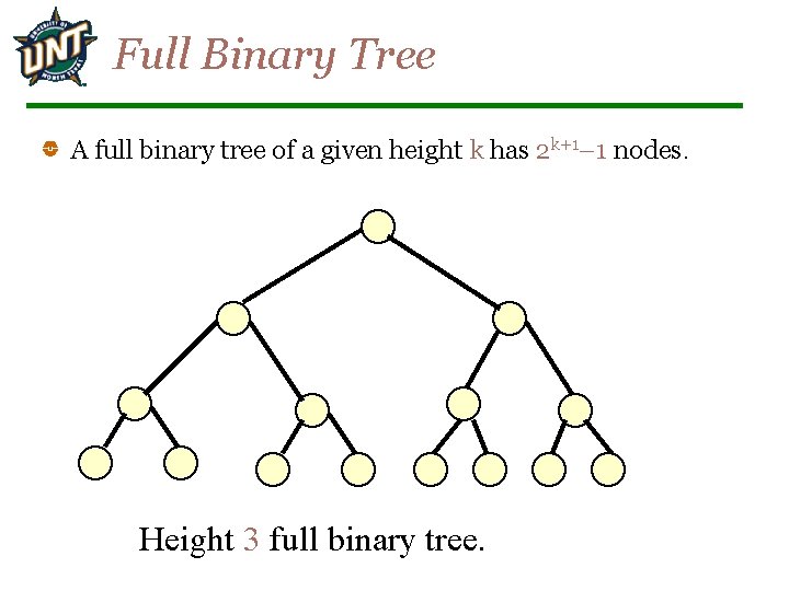 Full Binary Tree A full binary tree of a given height k has 2