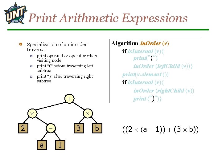 Print Arithmetic Expressions Specialization of an inorder traversal print operand or operator when visiting