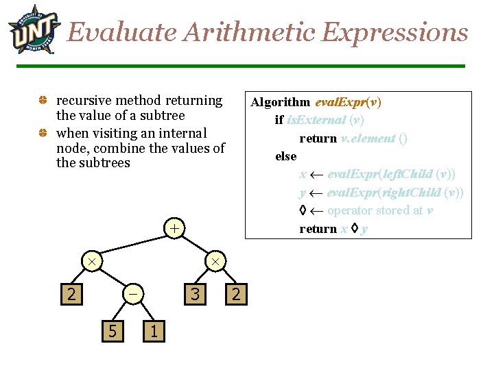 Evaluate Arithmetic Expressions recursive method returning the value of a subtree when visiting an