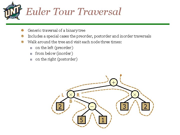 Euler Tour Traversal Generic traversal of a binary tree Includes a special cases the