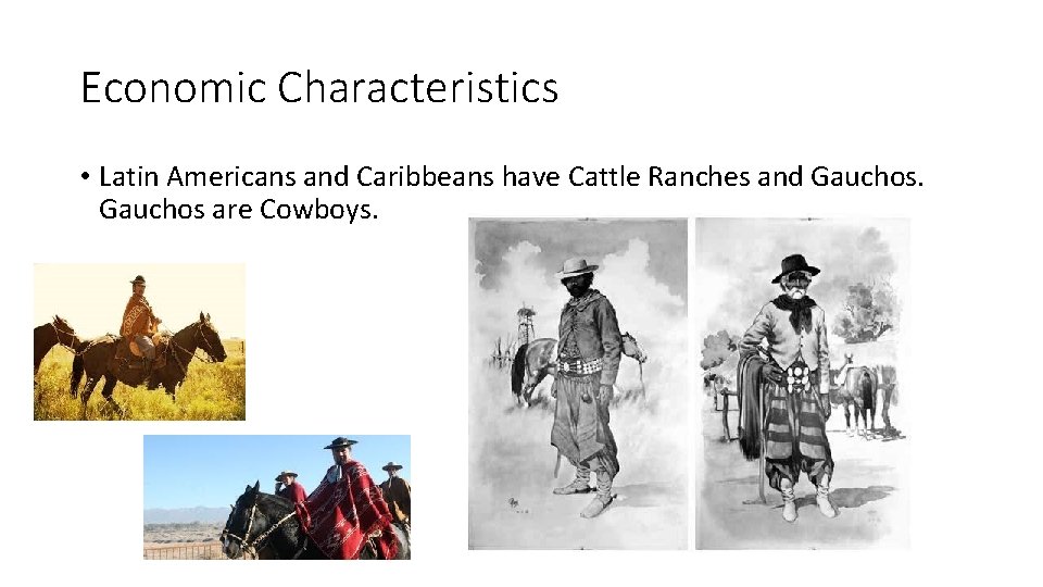 Economic Characteristics • Latin Americans and Caribbeans have Cattle Ranches and Gauchos are Cowboys.