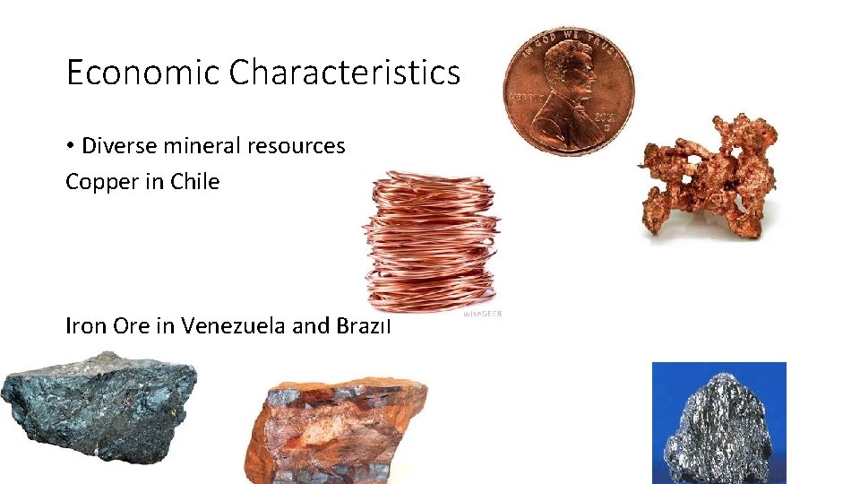 Economic Characteristics • Diverse mineral resources Copper in Chile Iron Ore in Venezuela and