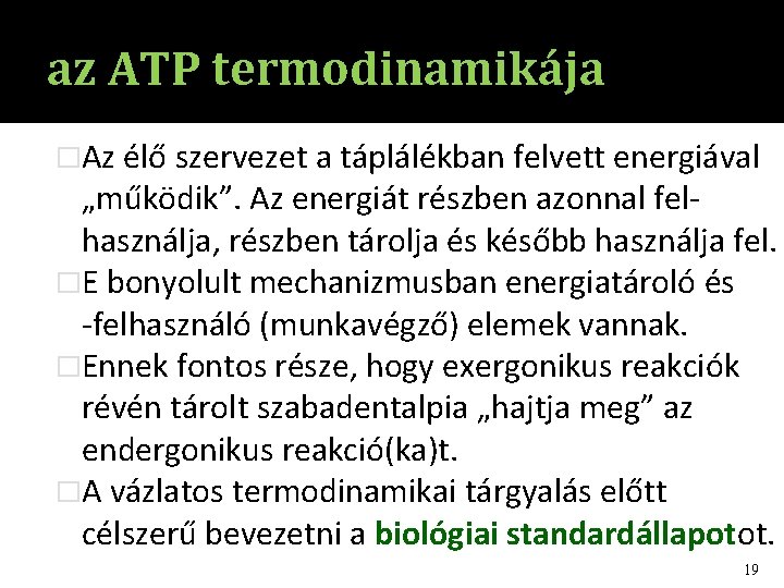 az ATP termodinamikája �Az élő szervezet a táplálékban felvett energiával „működik”. Az energiát részben