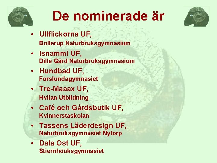 De nominerade är • Ullflickorna UF, Bollerup Naturbruksgymnasium • Isnammi UF, Dille Gård Naturbruksgymnasium