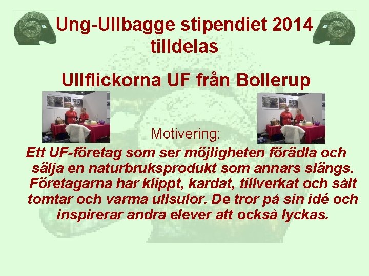 Ung-Ullbagge stipendiet 2014 tilldelas Ullflickorna UF från Bollerup Motivering: Ett UF-företag som ser möjligheten