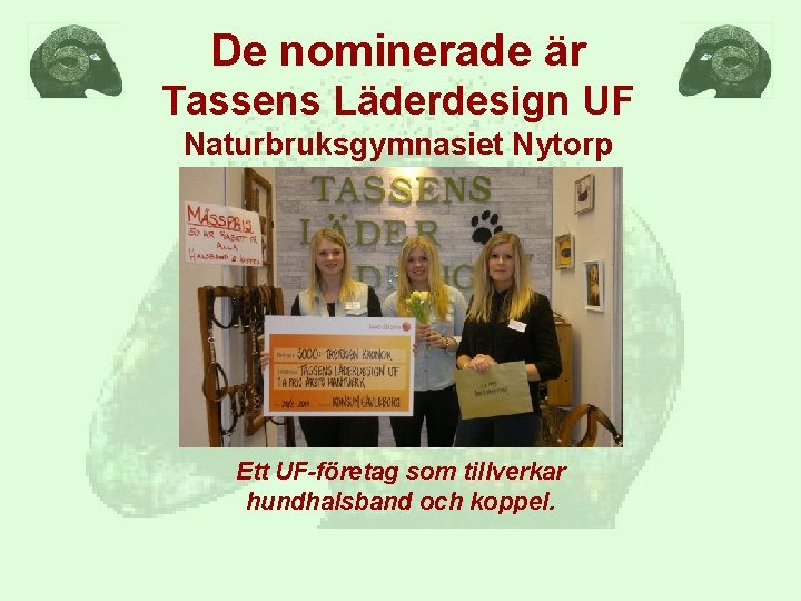 De nominerade är Tassens Läderdesign UF Naturbruksgymnasiet Nytorp Ett UF-företag som tillverkar hundhalsband och