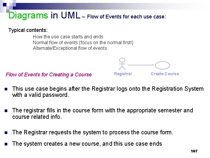 Diagrams in UML – Flow of Events for each use case: Typical contents: How Diagrams in UML – Flow of Events for each use case: Typical contents: How