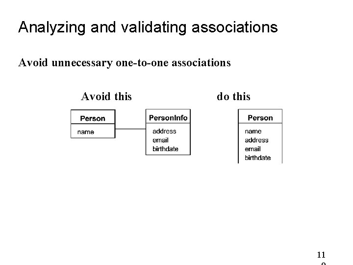 Analyzing and validating associations Avoid unnecessary one-to-one associations Avoid this do this 11 Analyzing and validating associations Avoid unnecessary one-to-one associations Avoid this do this 11