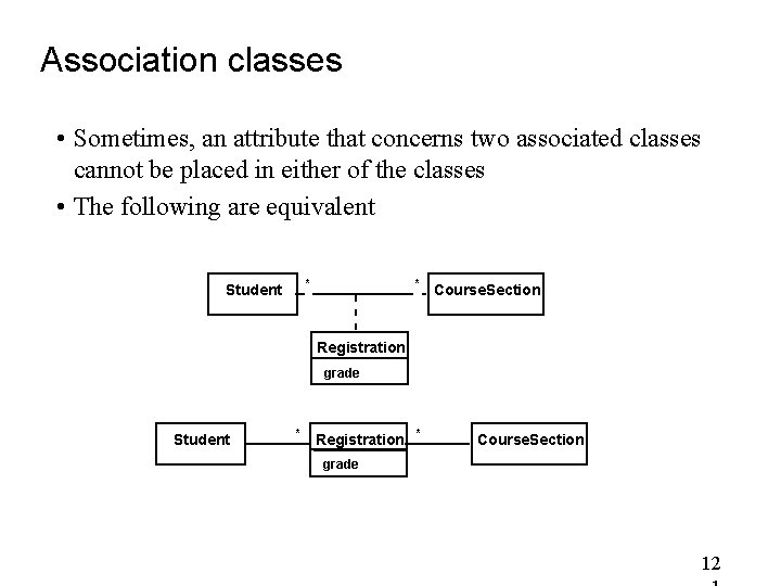 Association classes • Sometimes, an attribute that concerns two associated classes cannot be placed Association classes • Sometimes, an attribute that concerns two associated classes cannot be placed