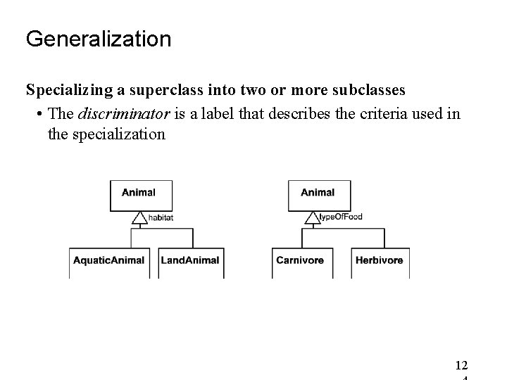Generalization Specializing a superclass into two or more subclasses • The discriminator is a Generalization Specializing a superclass into two or more subclasses • The discriminator is a