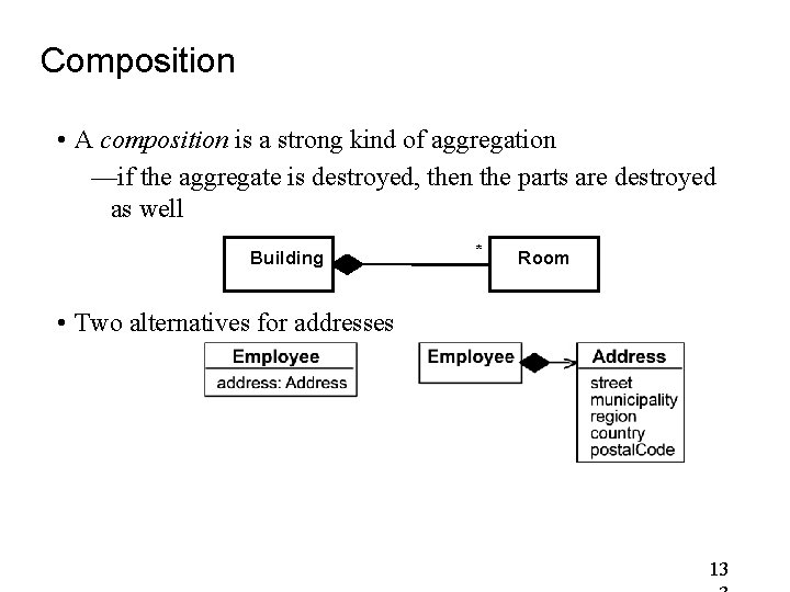 Composition • A composition is a strong kind of aggregation —if the aggregate is Composition • A composition is a strong kind of aggregation —if the aggregate is