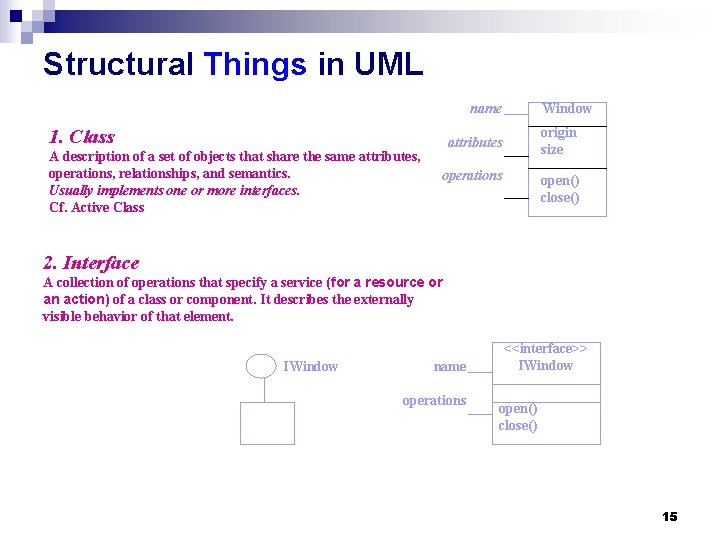 Structural Things in UML name 1. Class A description of a set of objects Structural Things in UML name 1. Class A description of a set of objects