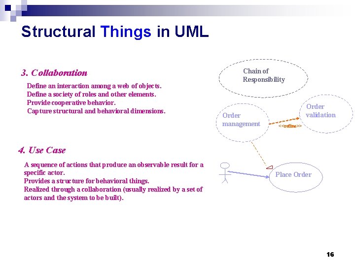 Structural Things in UML 3. Collaboration Define an interaction among a web of objects. Structural Things in UML 3. Collaboration Define an interaction among a web of objects.
