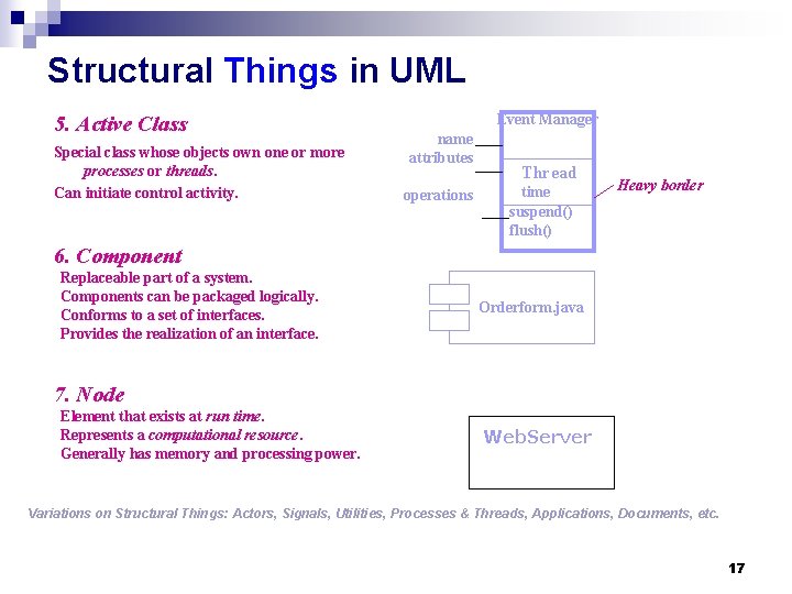 Structural Things in UML 5. Active Class Special class whose objects own one or Structural Things in UML 5. Active Class Special class whose objects own one or