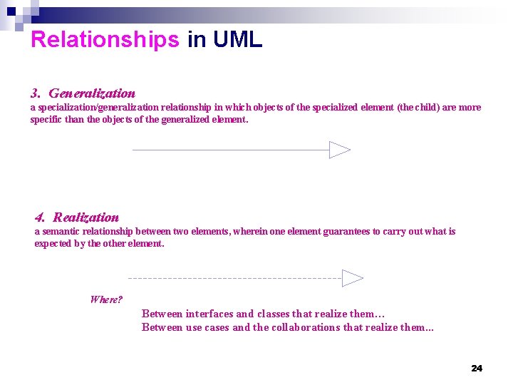 Relationships in UML 3. Generalization a specialization/generalization relationship in which objects of the specialized Relationships in UML 3. Generalization a specialization/generalization relationship in which objects of the specialized
