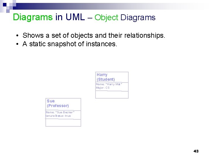 Diagrams in UML – Object Diagrams • Shows a set of objects and their Diagrams in UML – Object Diagrams • Shows a set of objects and their