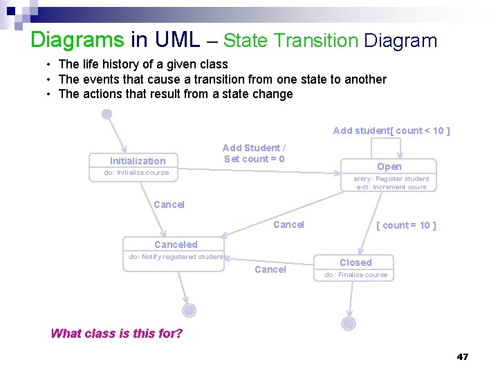 Diagrams in UML – State Transition Diagram • The life history of a given Diagrams in UML – State Transition Diagram • The life history of a given