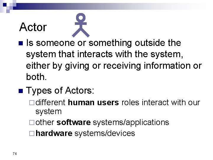 Actor Is someone or something outside the system that interacts with the system, either Actor Is someone or something outside the system that interacts with the system, either