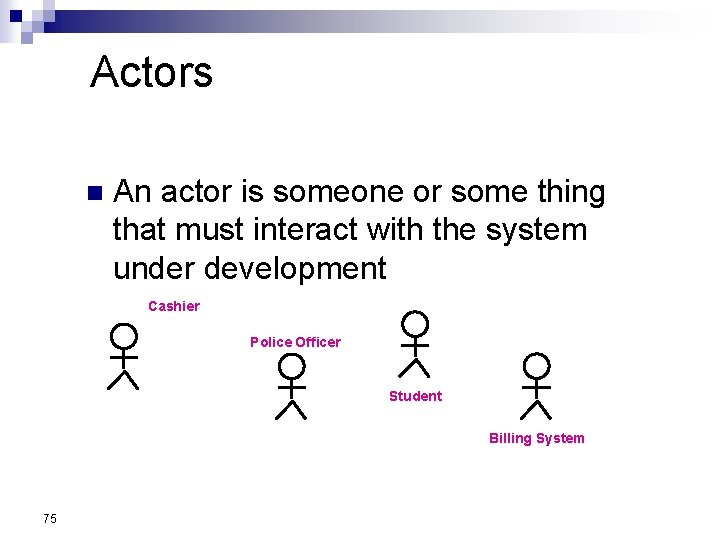 Actors n An actor is someone or some thing that must interact with the Actors n An actor is someone or some thing that must interact with the