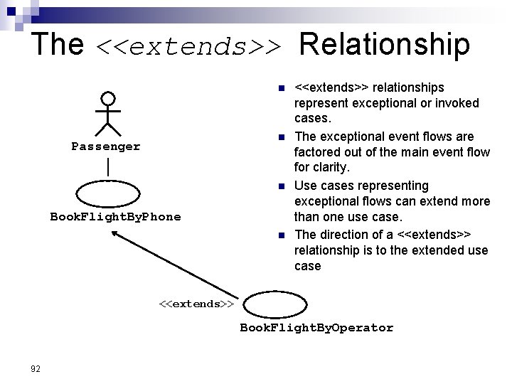 The <<extends>> Relationship n n Passenger n Book. Flight. By. Phone n <<extends>> relationships The <<extends>> Relationship n n Passenger n Book. Flight. By. Phone n <<extends>> relationships