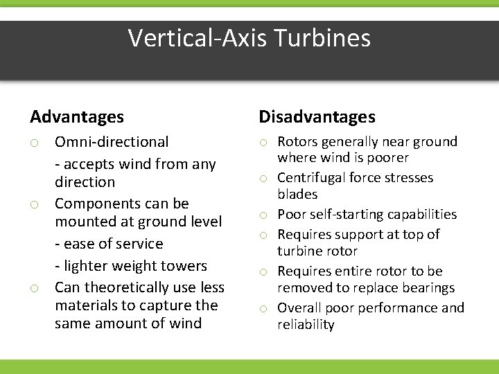 Vertical-Axis Turbines Advantages Disadvantages o Omni-directional - accepts wind from any direction o Components