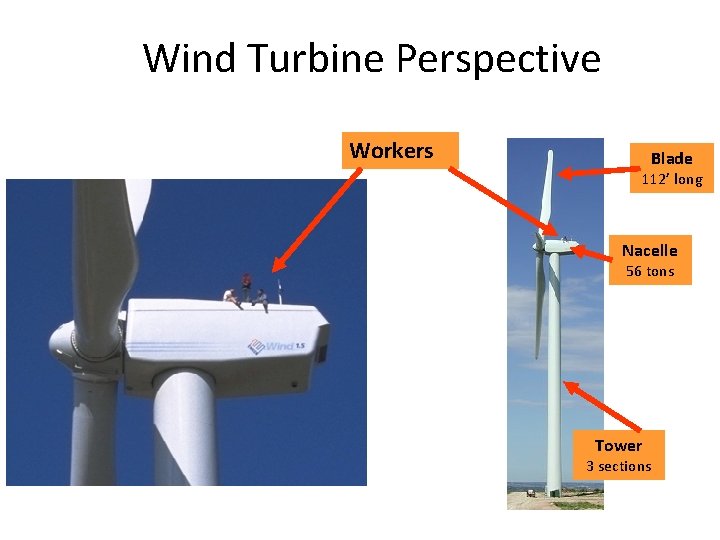 Wind Turbine Perspective Workers Blade 112’ long Nacelle 56 tons Tower 3 sections 