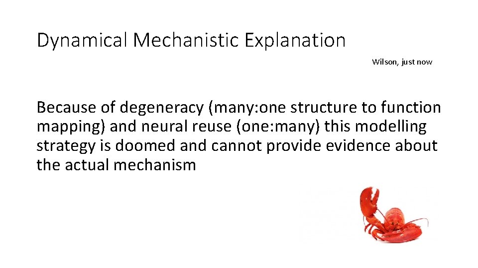 Dynamical Mechanistic Explanation Wilson, just now Because of degeneracy (many: one structure to function