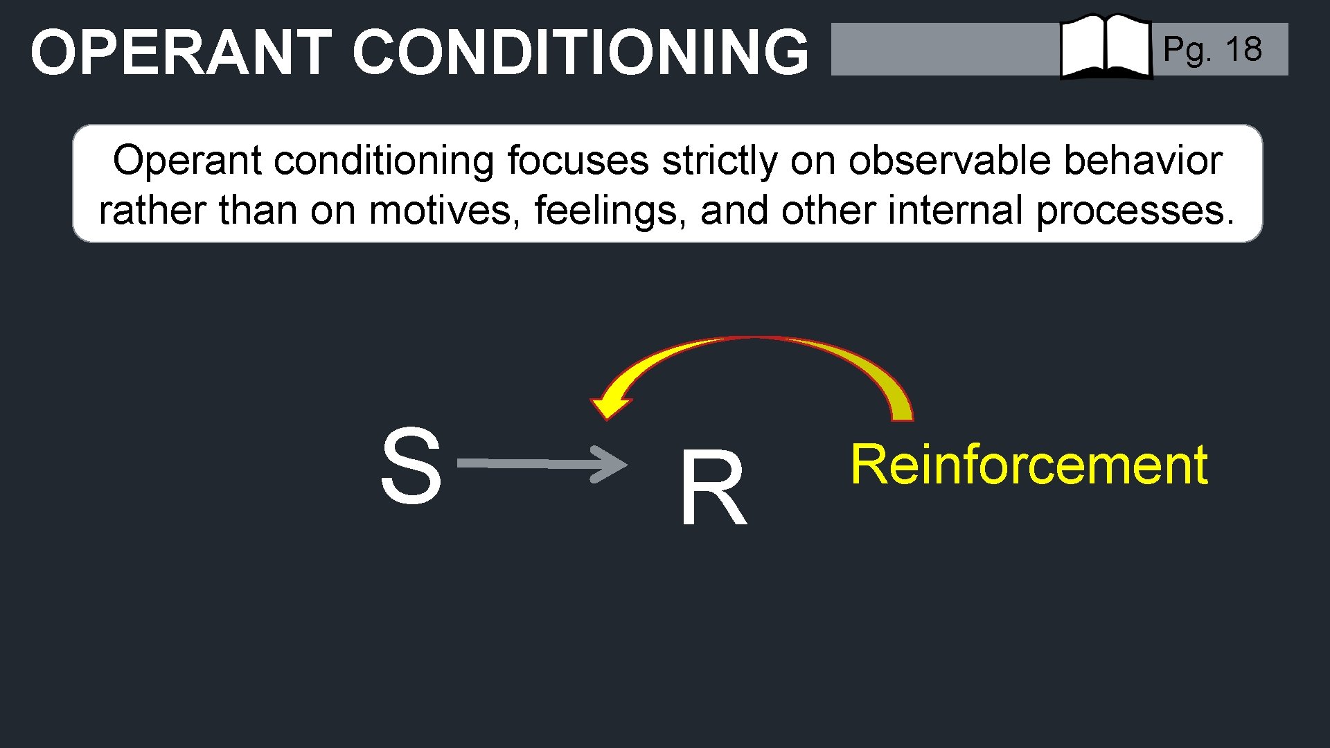 OPERANT CONDITIONING Pg. 18 Operant conditioning focuses strictly on observable behavior rather than on