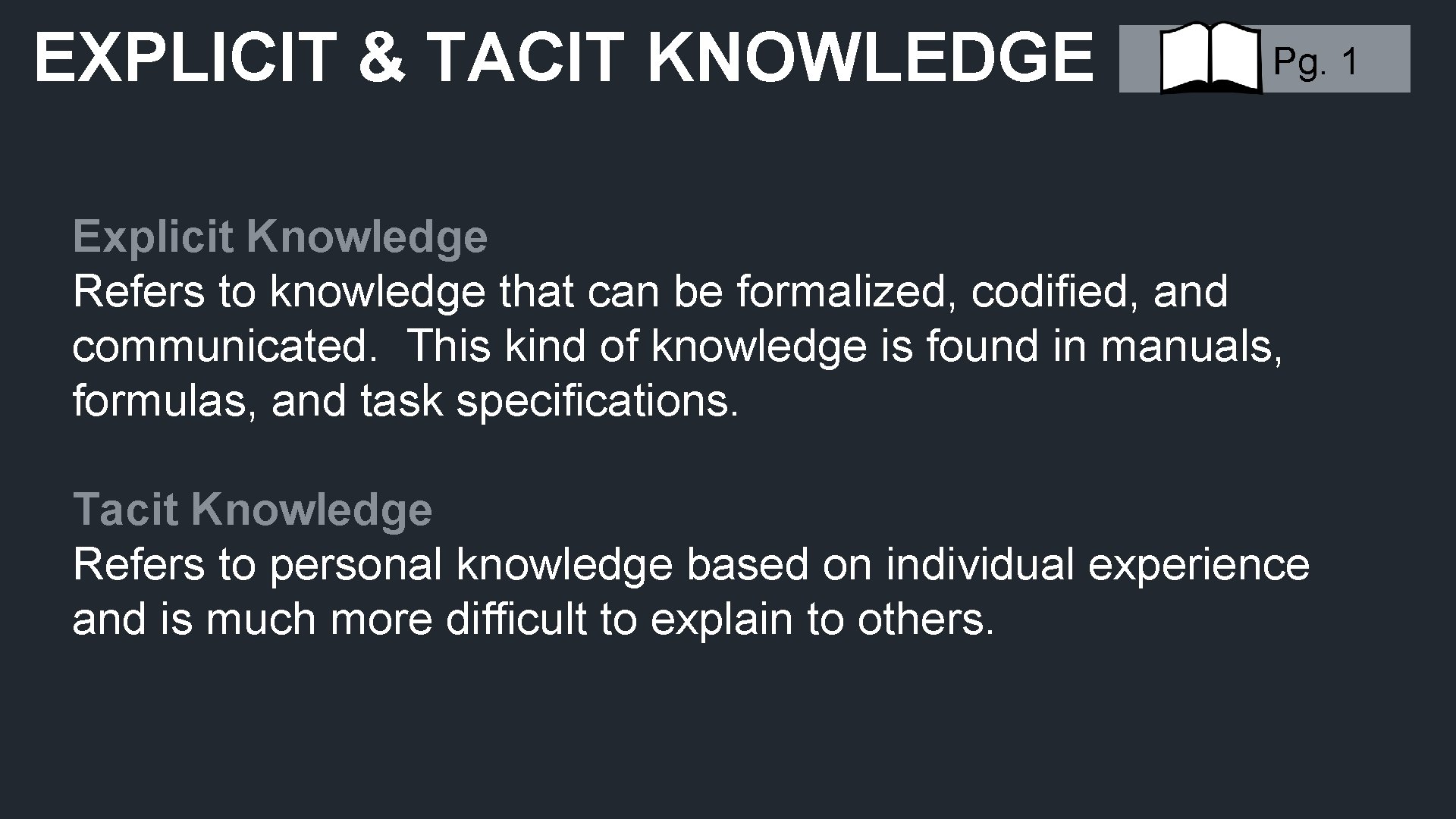 EXPLICIT & TACIT KNOWLEDGE Pg. 1 Explicit Knowledge Refers to knowledge that can be