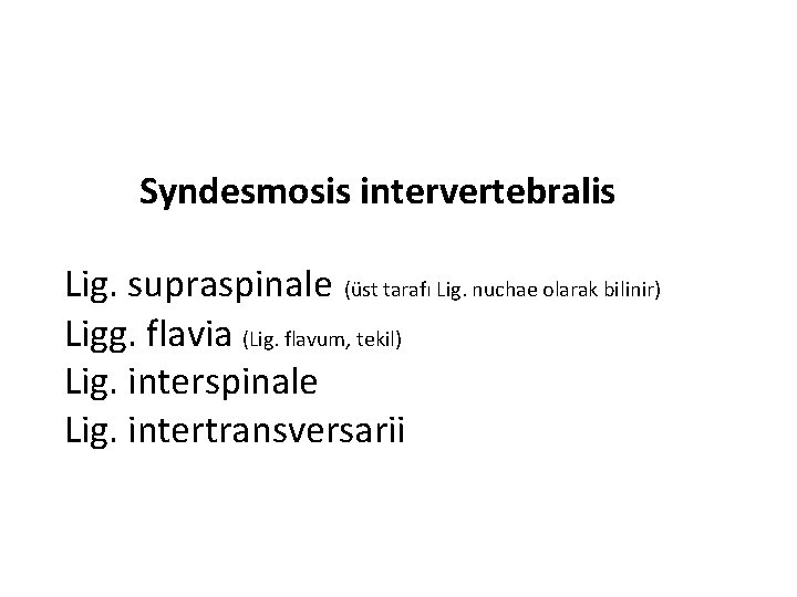 Syndesmosis intervertebralis Lig. supraspinale (üst tarafı Lig. nuchae olarak bilinir) Ligg. flavia (Lig. flavum,
