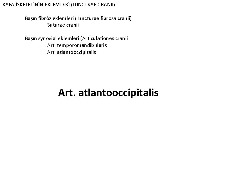 KAFA İSKELETİNİN EKLEMLERİ (JUNCTRAE CRANII) Başın fibröz eklemleri (Juncturae fibrosa cranii) Suturae cranii Başın
