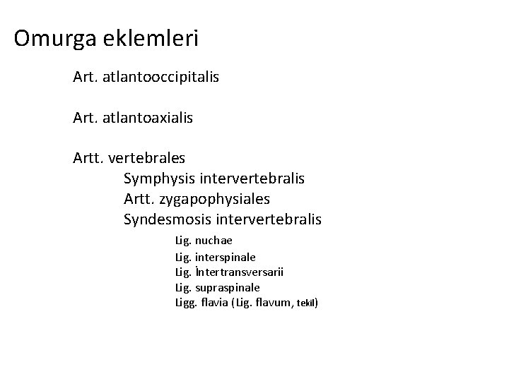 Omurga eklemleri Art. atlantooccipitalis Art. atlantoaxialis Artt. vertebrales Symphysis intervertebralis Artt. zygapophysiales Syndesmosis intervertebralis