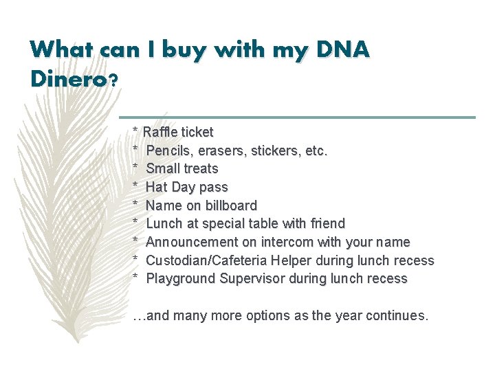 What can I buy with my DNA Dinero? * Raffle ticket * Pencils, erasers,