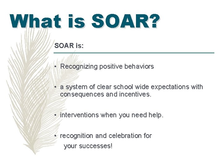What is SOAR? SOAR is: • Recognizing positive behaviors • a system of clear