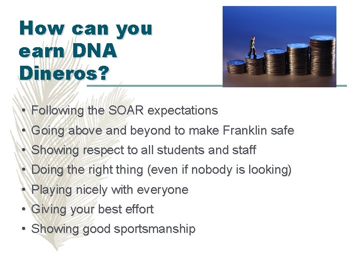 How can you earn DNA Dineros? • Following the SOAR expectations • Going above