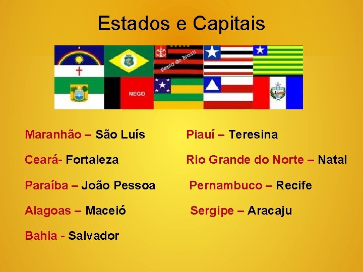 Estados e Capitais Maranhão – São Luís Piauí – Teresina Ceará- Fortaleza Rio Grande