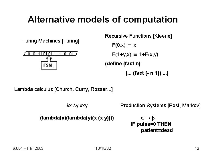 Alternative models of computation Turing Machines [Turing] Recursive Functions [Kleene] F(0, x) ≡ x