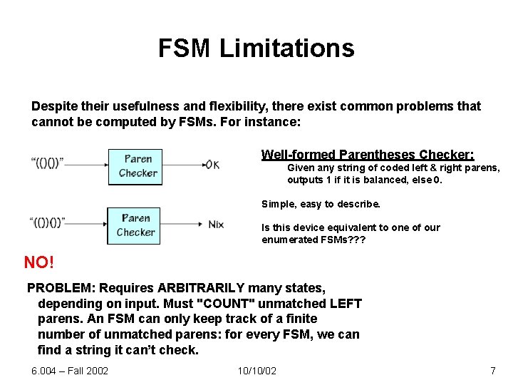 FSM Limitations Despite their usefulness and flexibility, there exist common problems that cannot be