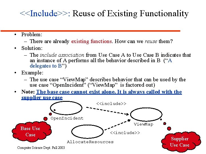 <<Include>>: Reuse of Existing Functionality • Problem: – There already existing functions. How can