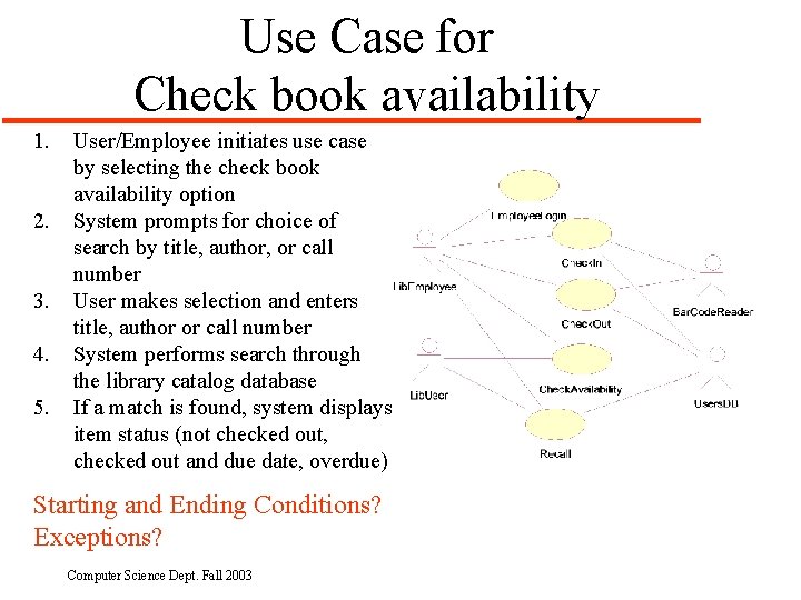 Use Case for Check book availability 1. 2. 3. 4. 5. User/Employee initiates use