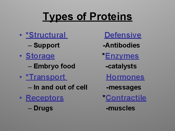 Types of Proteins • *Structural Defensive – Support -Antibodies • Storage – Embryo food