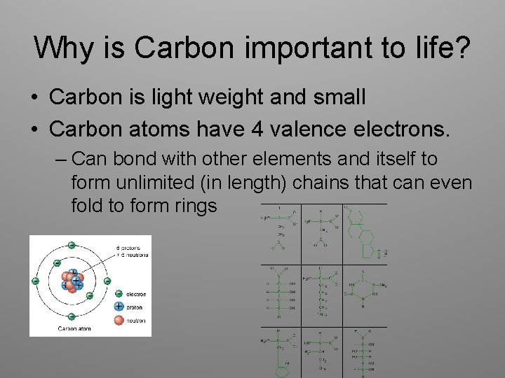 Why is Carbon important to life? • Carbon is light weight and small •