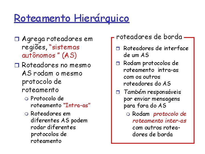 Roteamento Hierárquico r Agrega roteadores em regiões, “sistemas autônomos ” (AS) r Roteadores no
