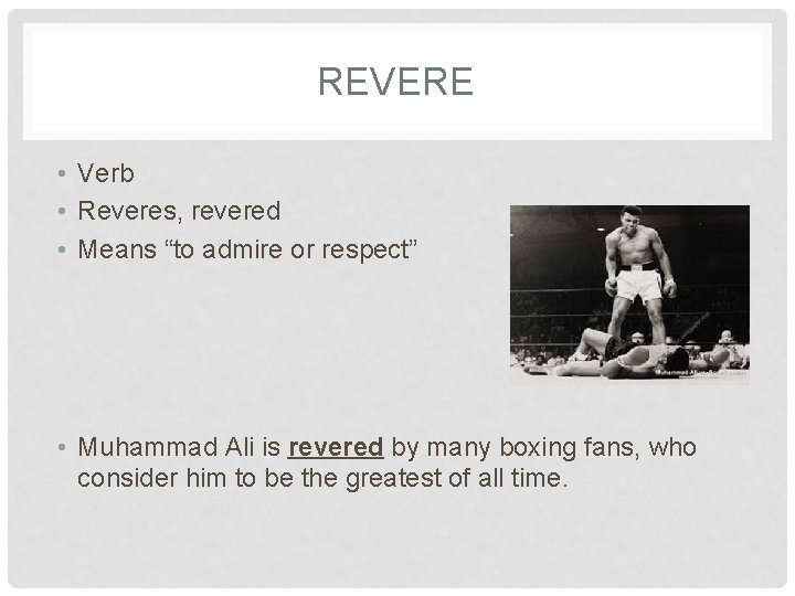 REVERE • Verb • Reveres, revered • Means “to admire or respect” • Muhammad