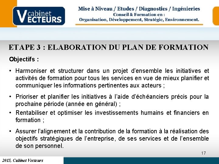 ETAPE 3 : ELABORATION DU PLAN DE FORMATION Objectifs : • Harmoniser et structurer